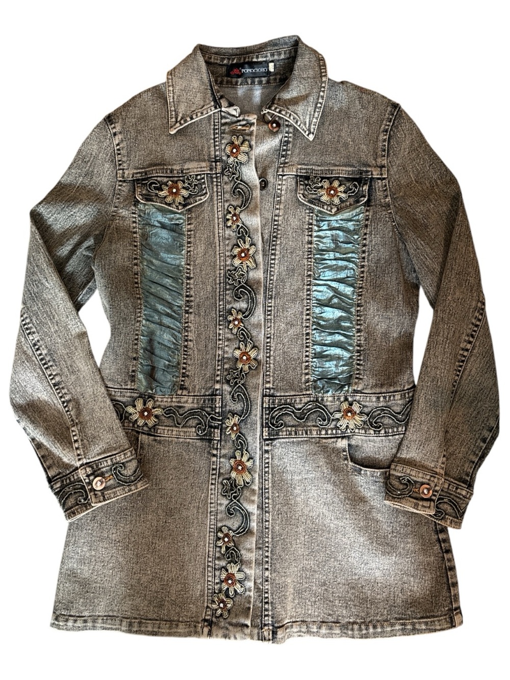 Pomocioro Long Gray Denim Jacket with Aqua Panels and Beading Embellishments